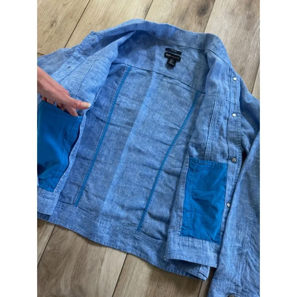 Jones New York Linen Jacket L Blue Jean Style Button Front Coastal Resort - Picture 4 of 15